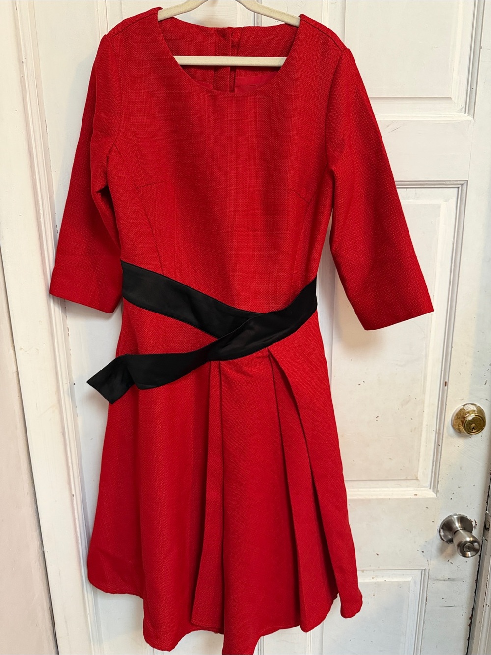 Red Fit-and-Flare Dress with Black Waist Sash - size small